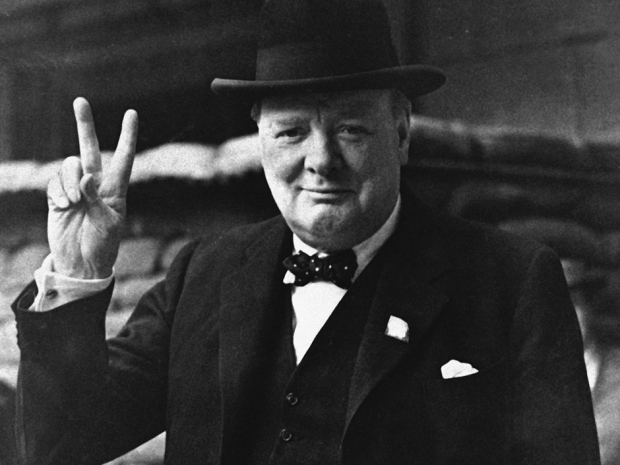 FILE - This is a Aug. 27, 1941 file photo of British Prime Minister Winston Churchill as he gives his famous 